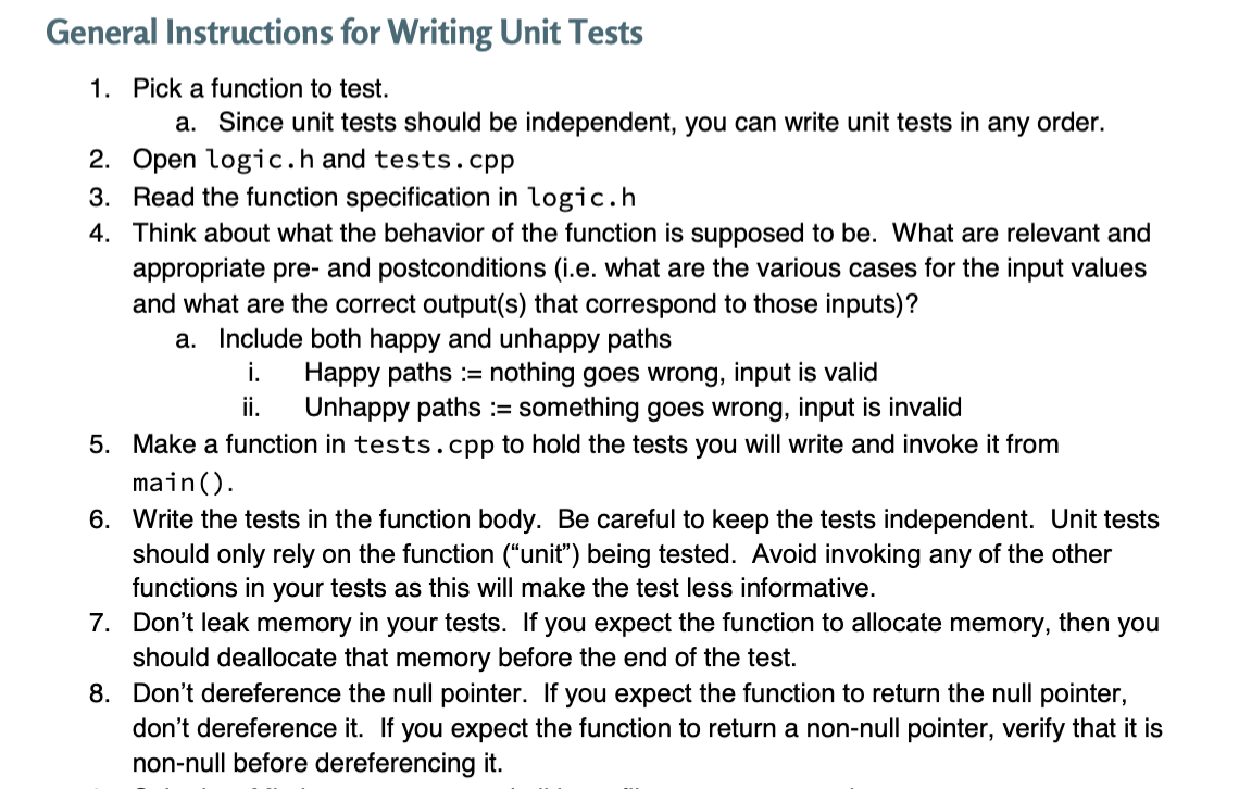 General Instructions for Writing Unit Tests 1. Pick a | Chegg.com