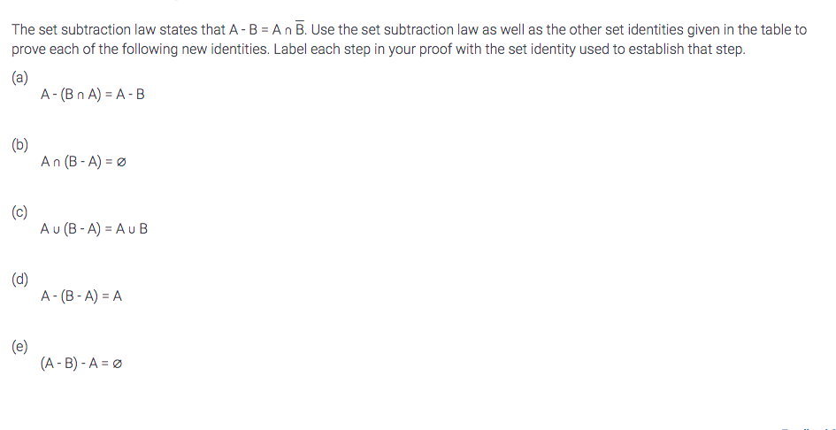 Solved The Set Subtraction Law States That A-B = An B. Use | Chegg.com