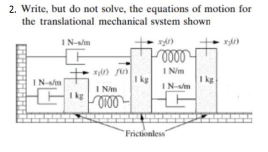 2. Write, but do not solve, the equations of motion for the translational mechanical system shown