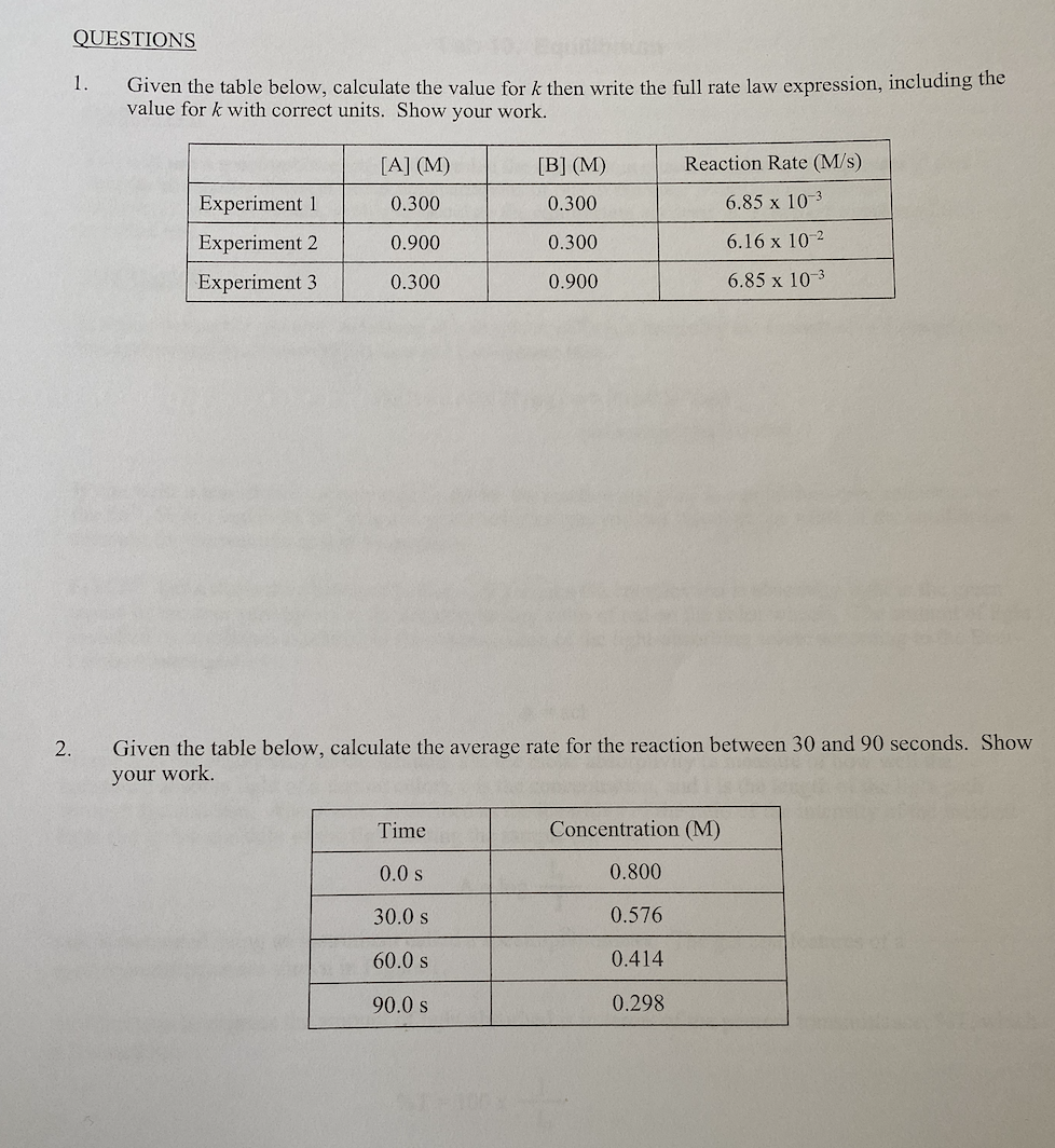 Solved QUESTIONS 1. Given the table below, calculate the | Chegg.com