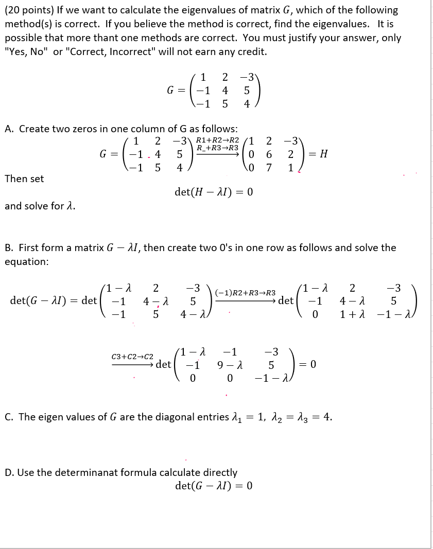 Solved (20 points) If we want to calculate the eigenvalues | Chegg.com