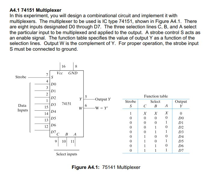 A4.1 74151 Multiplexer In this experiment, you will design a combinational ...