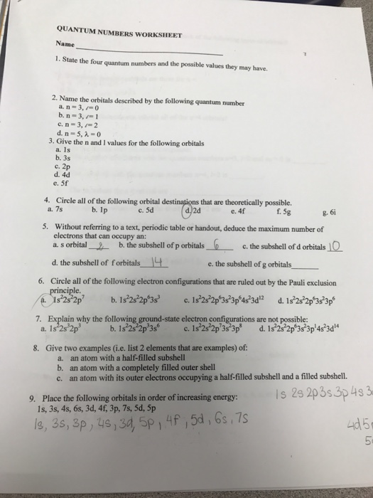 Solved QUANTUM NUMBERS WORKSHEET Name 1 State The Four Chegg