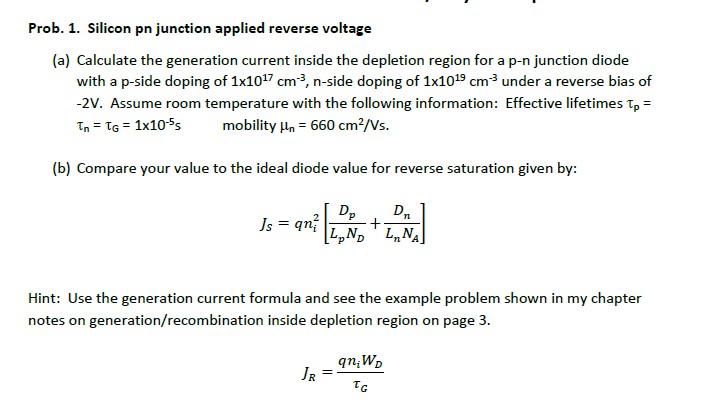 Solved Prob. 1. Silicon pn junction applied reverse voltage | Chegg.com