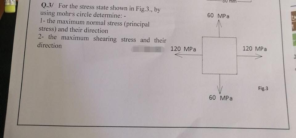 Solved mm 60 MPa Q.3/ For the stress state shown in Fig.3., | Chegg.com