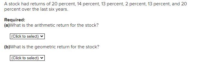 Solved A stock had returns of 20 percent, 14 percent, 13 | Chegg.com