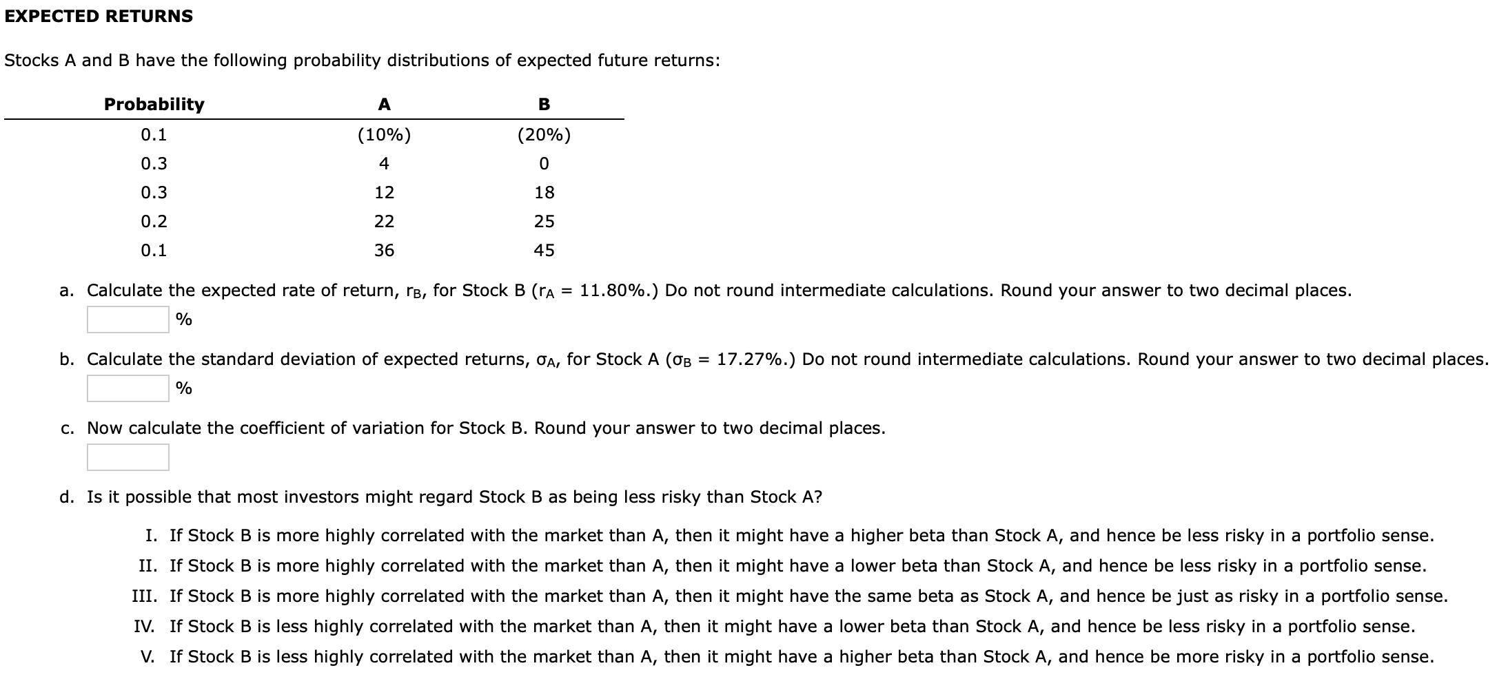 Solved EXPECTED RETURNS Stocks A And B Have The Following | Chegg.com