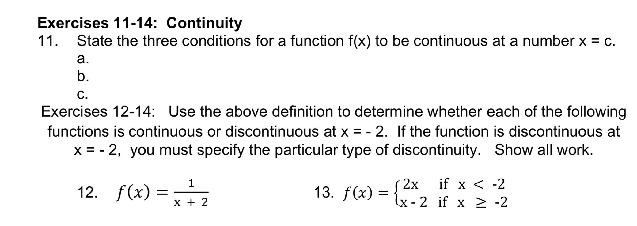 Solved Exercises 11-14: Continuity 11. State the three | Chegg.com