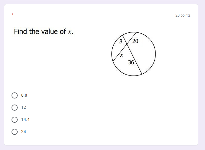 find the value of x 20 2x 8