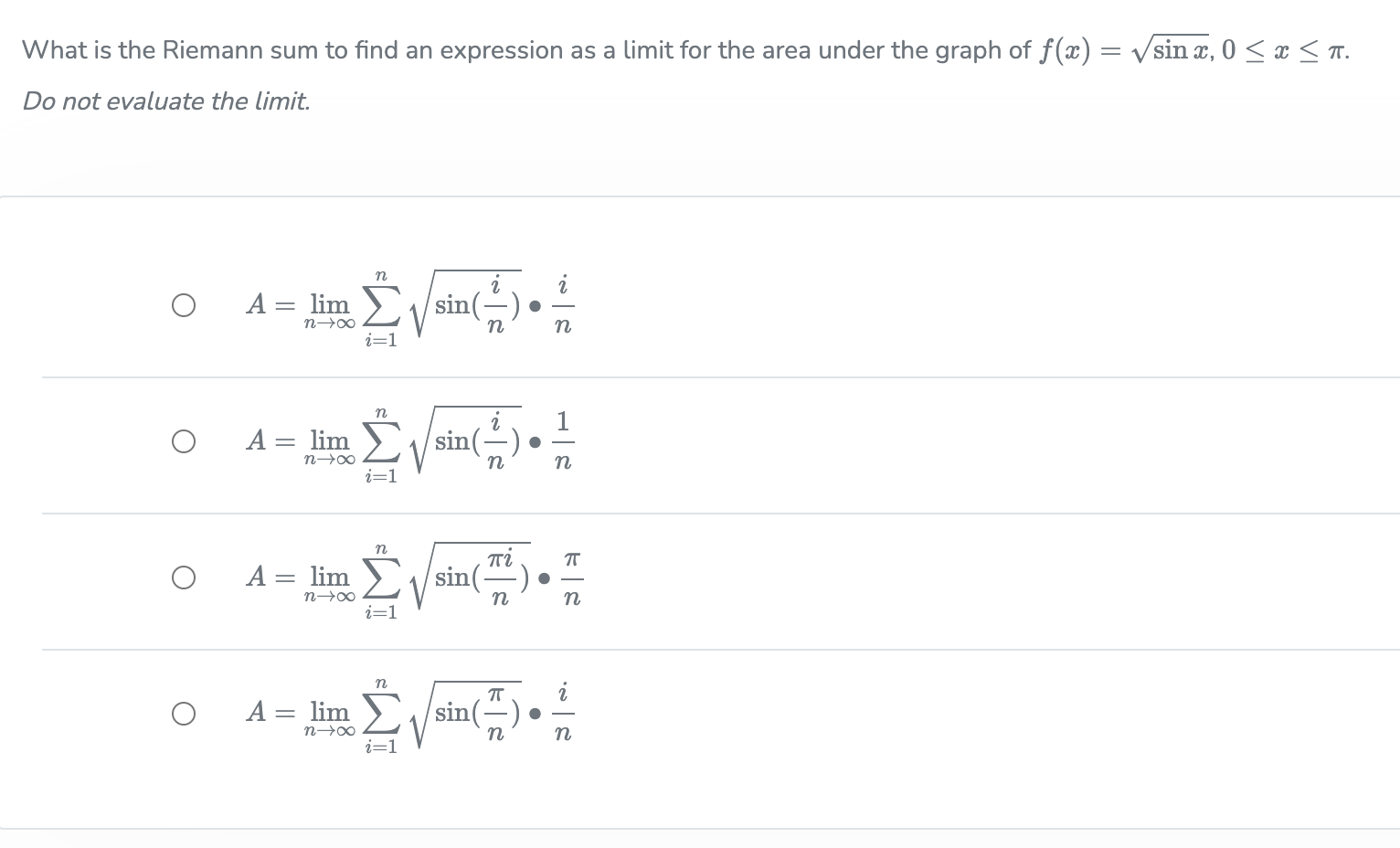 What is the Riemann sum to find an expression as a limit for the area under the graph of \( f(x)=\sqrt{\sin x}, 0 \leq x \leq