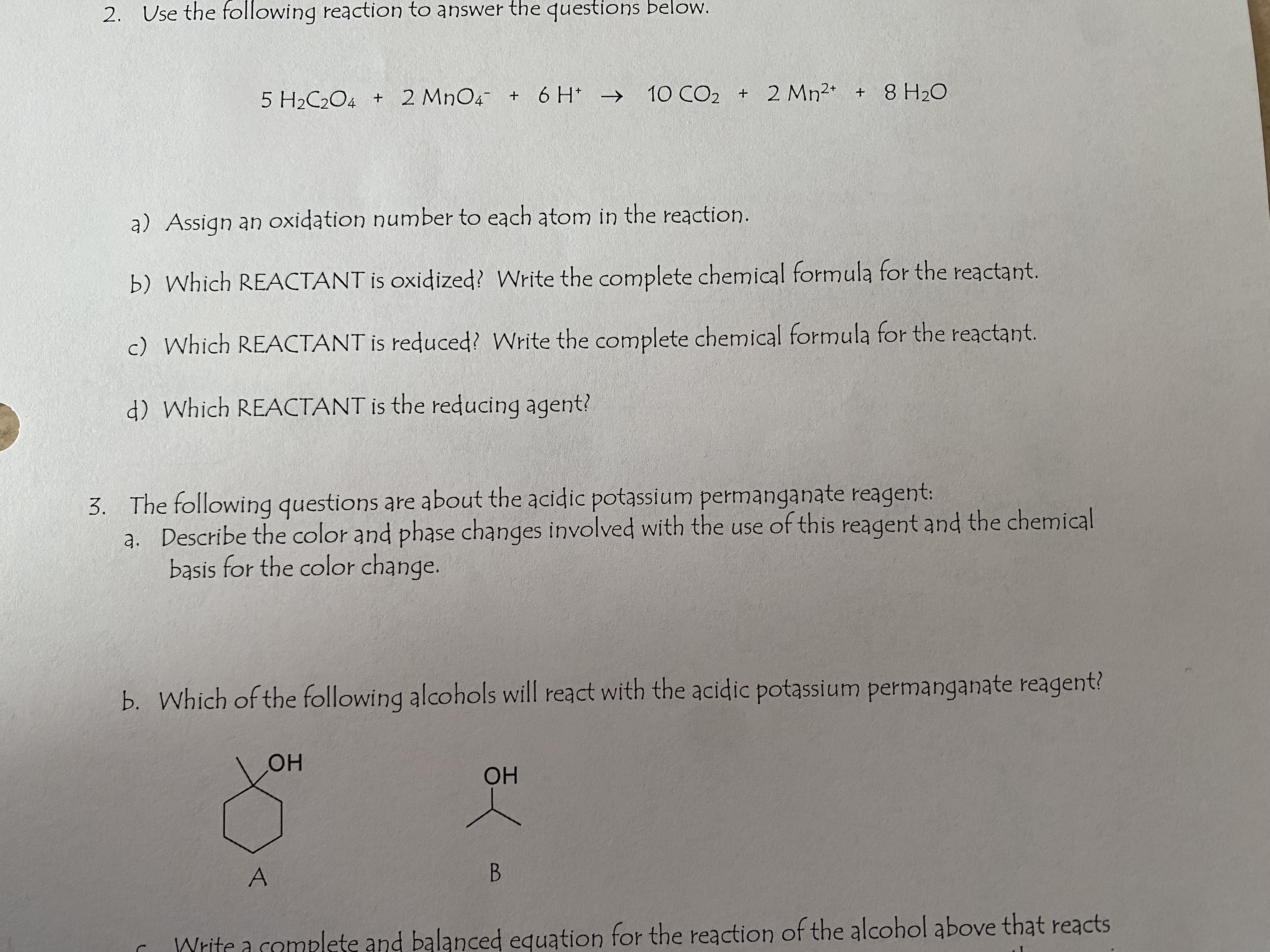Solved Use the following reaction to answer the questions | Chegg.com