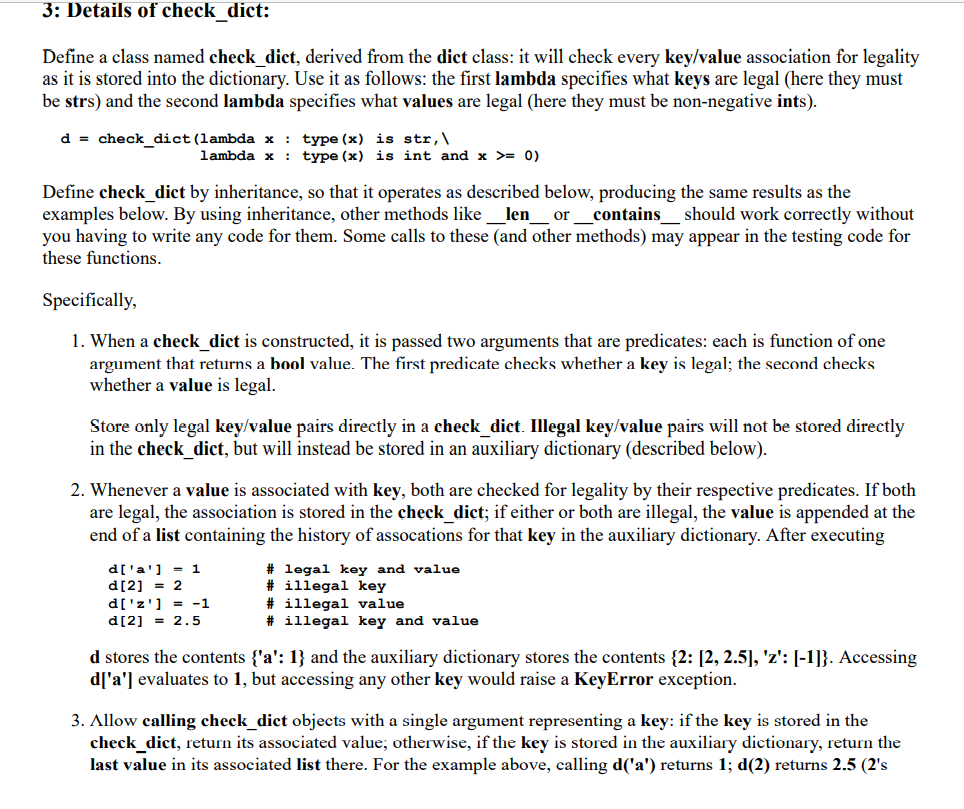 Solved 3: Details of check_dict: Define a class named | Chegg.com