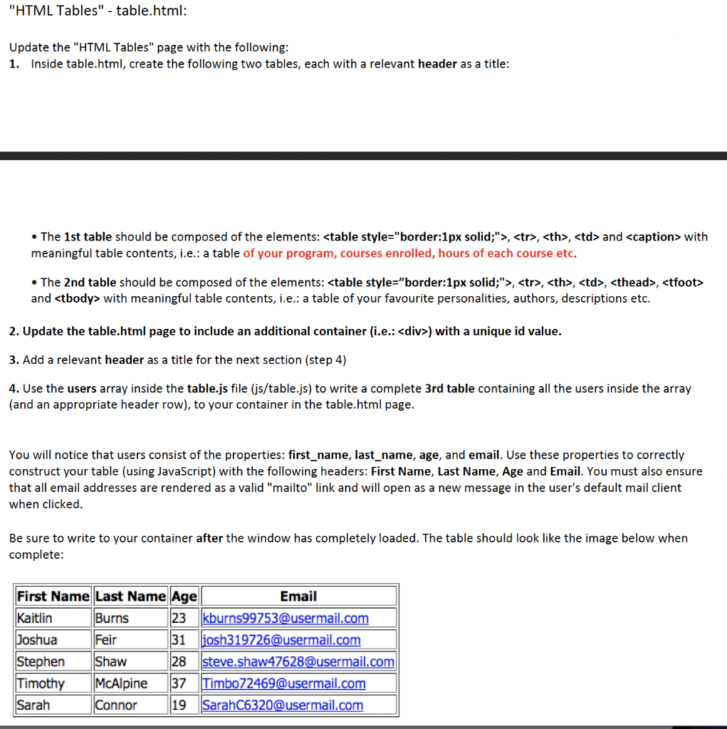 Solved "HTML Tables" - table.html: Update the "HTML Tables" | Chegg.com