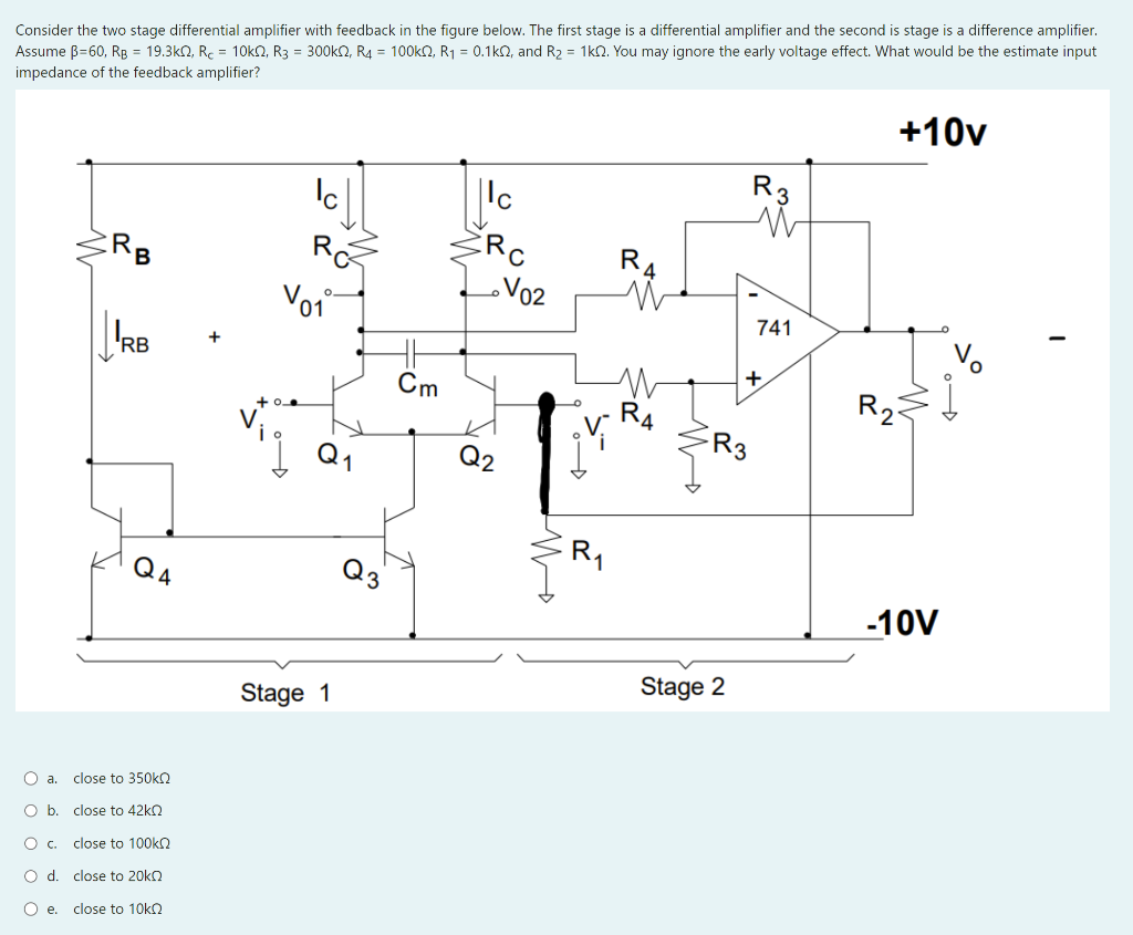 Consider the two stage differential amplifier with feedback in the figure below. The first stage is a differential amplifier 