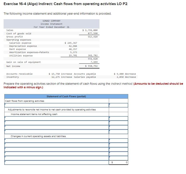 Solved Exercise 16-4 (Algo) Indirect: Cash flows from | Chegg.com