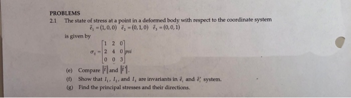 Solved PROBLEMS 21 The state of stress at a point in a | Chegg.com