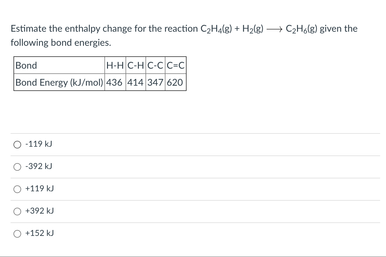 Solved Estimate the enthalpy change for the reaction C2H4 g