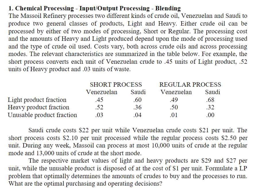 Solved 1. Chemical Processing - Input/Output Processing - | Chegg.com