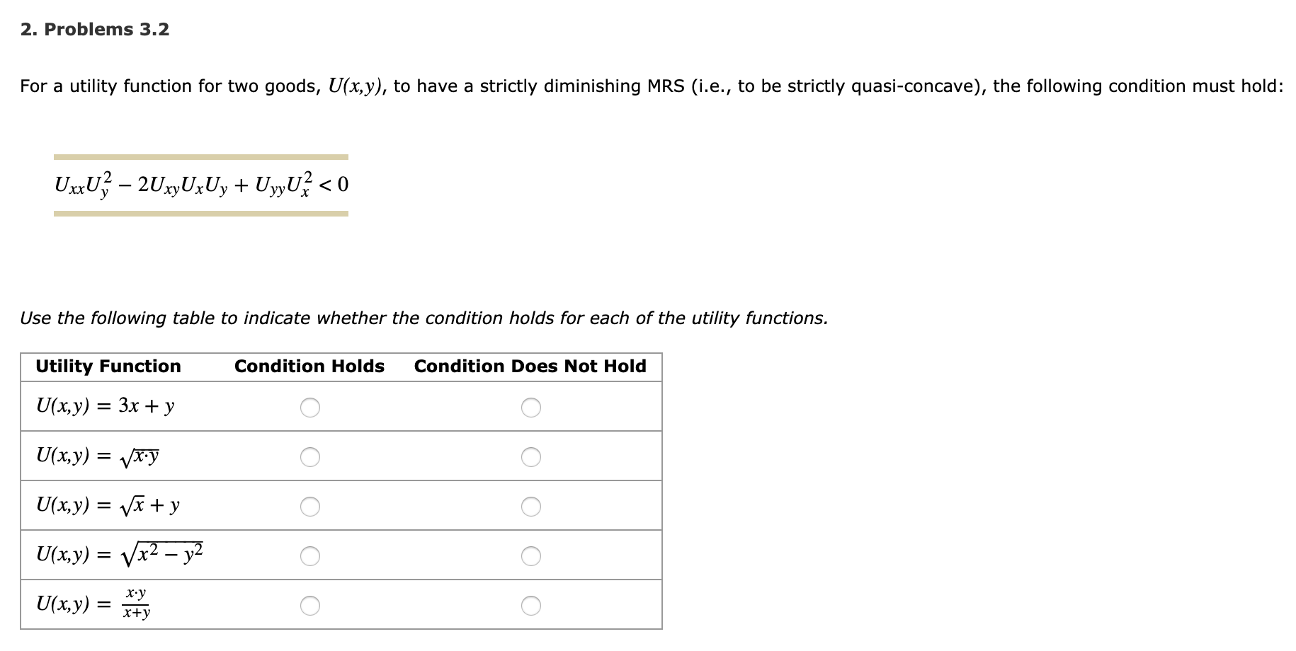 Solved 2. Problems 3.2 For a utility function for two goods,
