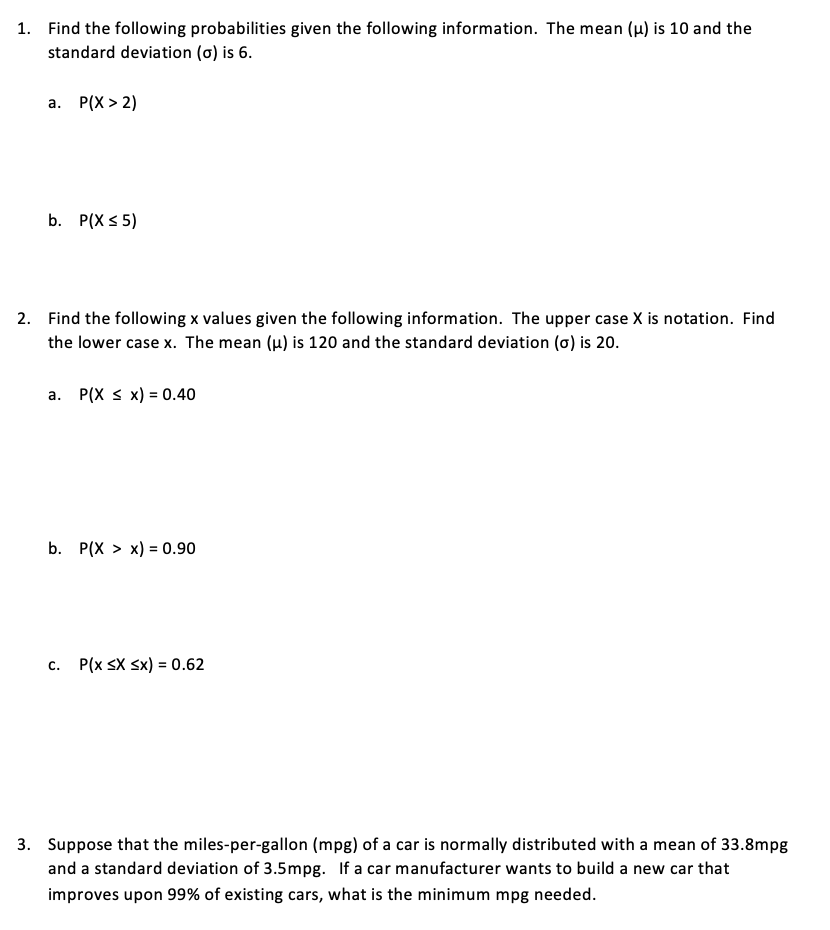 Solved 1. Find The Following Probabilities Given The | Chegg.com