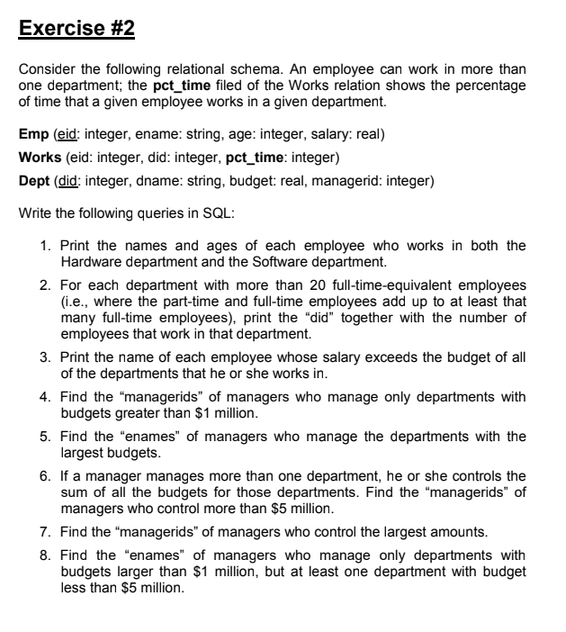 Solved Exercise #2 Consider the following relational schema. | Chegg.com