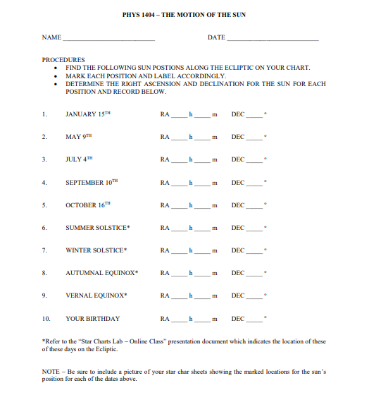 Solved PHYS 1404-THE MOTION OF THE SUN NAME DATE PROCEDURES | Chegg.com