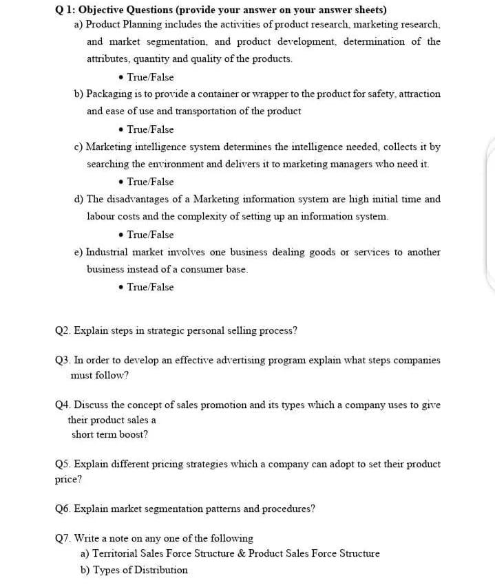 Solved Q1: Objective Questions (provide your answer on your | Chegg.com