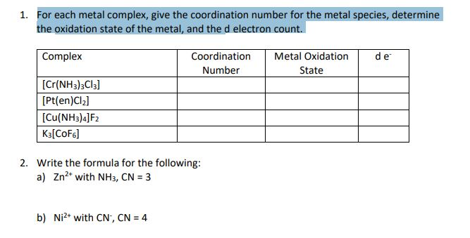 Solved 1. For each metal complex, give the coordination | Chegg.com