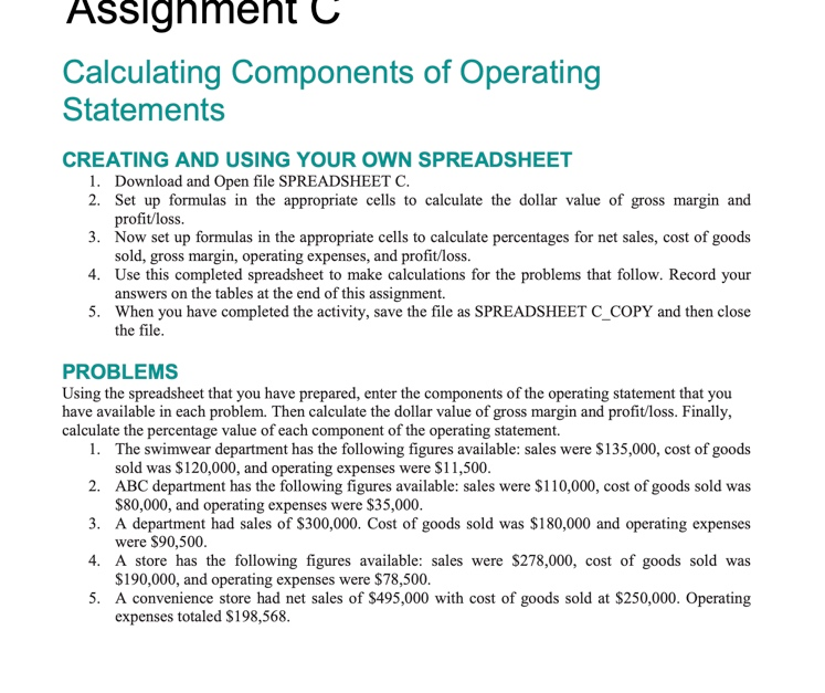 assignment c calculating components of operating statements