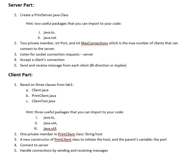Server Part: 1. Create a PrintServer.java Class Hint: | Chegg.com