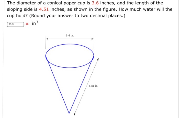 Solved The diameter of a conical paper cup is 3.6 inches, | Chegg.com