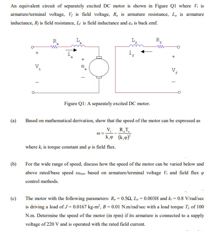 Solved An equivalent circuit of separately excited DC motor | Chegg.com