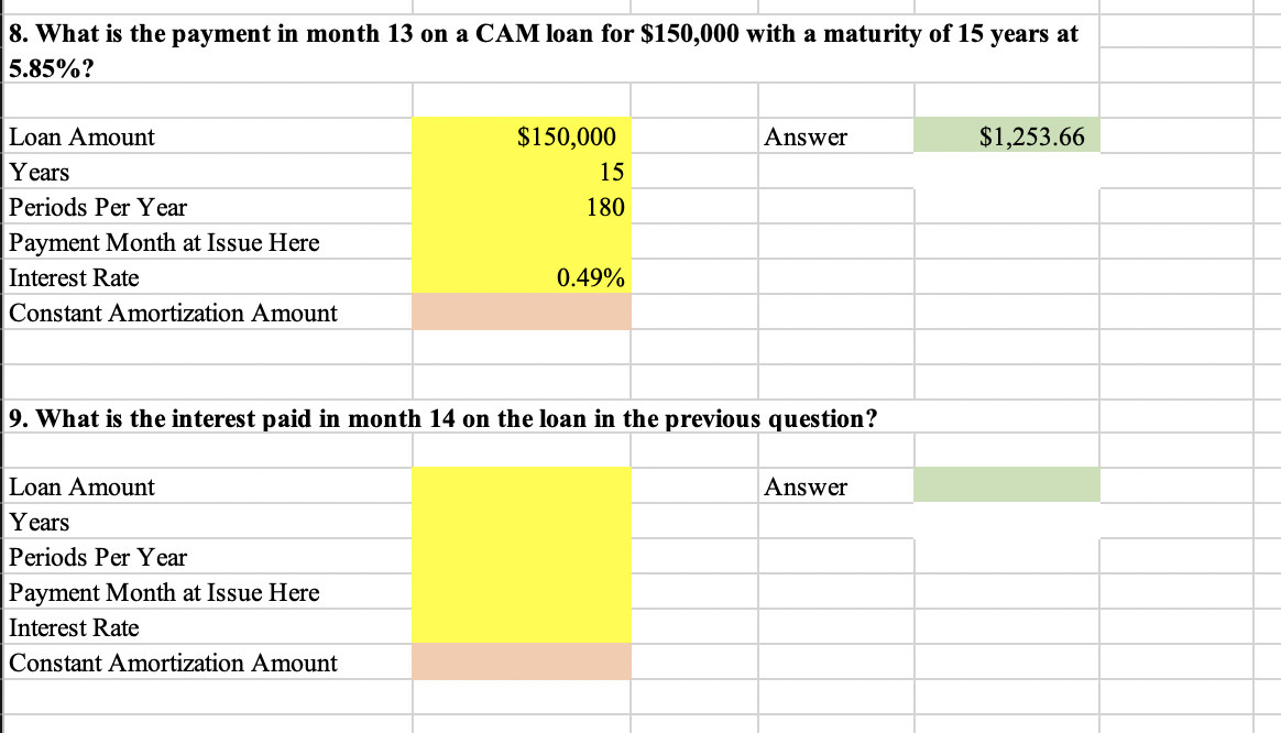 Solved 8. What is the payment in month 13 on a CAM loan for