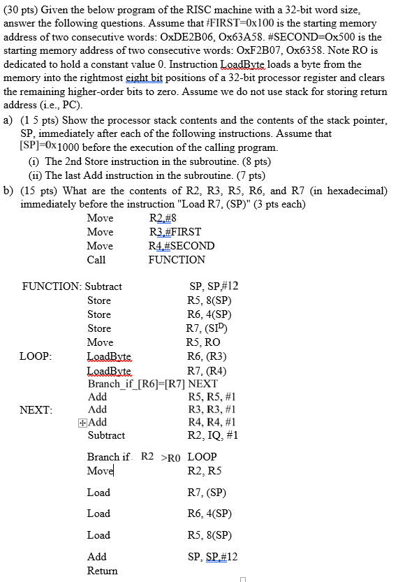 (30 pts) Given the below program of the RISC machine | Chegg.com