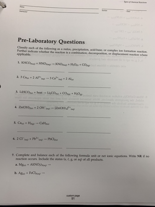 Solved Types Of Chemical Reactions Name Pre Laboratory Chegg Solved Types Of Chemical Reactions Name Pre Laboratory Chegg