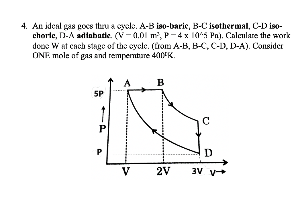 Solved = 4. An ideal gas goes thru a cycle. A-B iso-baric, | Chegg.com