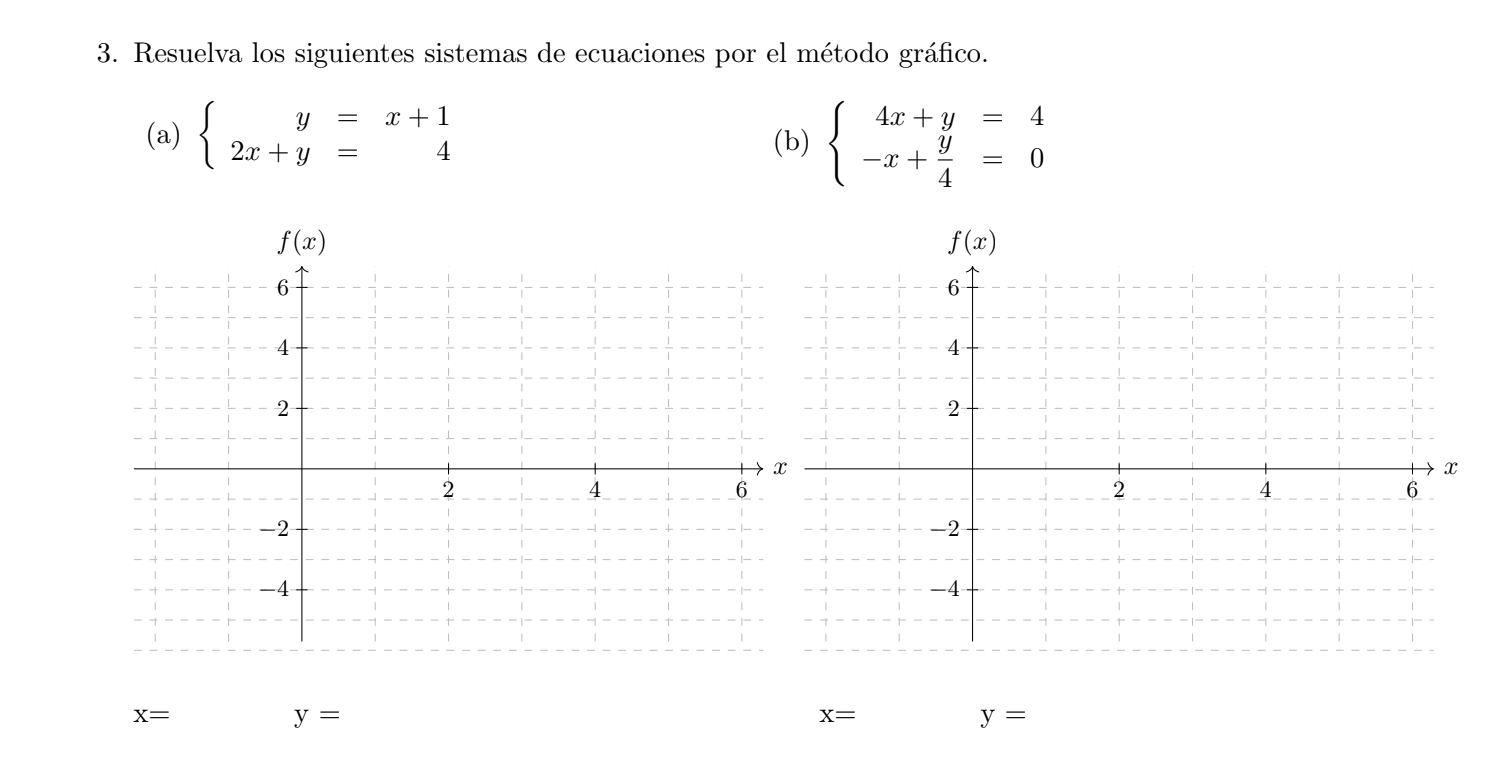 3. Resuelva los siguientes sistemas de ecuaciones por el método gráfico. (a) \( \left\{\begin{array}{rlr}y & = & x+1 \\ 2 x+y