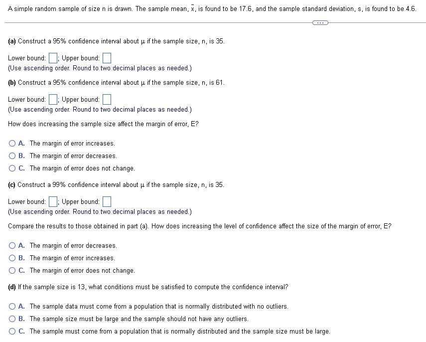 Solved (a) Construct a 95% confidence interval about μ if | Chegg.com