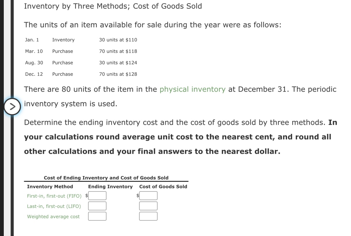 Solved Inventory by Three Methods; Cost of Goods Sold The | Chegg.com