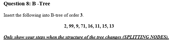 Solved Question 8: B -Tree Insert The Following Into B-tree | Chegg.com