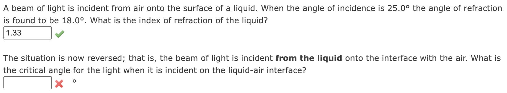 Solved A beam of light is incident from air onto the surface | Chegg.com