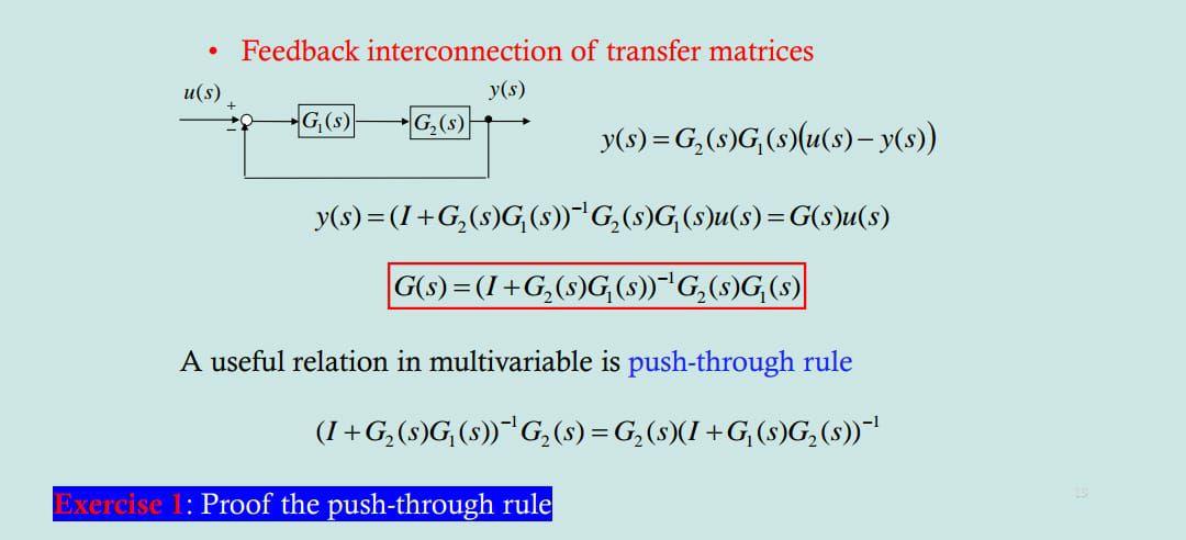Solved . u(s) Feedback interconnection of transfer matrices | Chegg.com