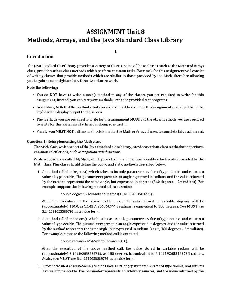 Solved ASSIGNMENT Unit 8 Methods, Arrays, and the Java | Chegg.com