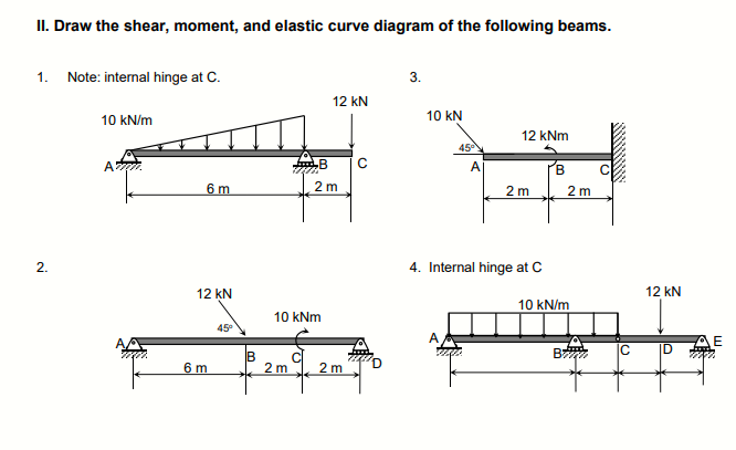 II. Draw the shear, moment, and elastic curve diagram of the following beams.
1. Note: internal hinge at C.
3.
12 kN
10 kN/m
