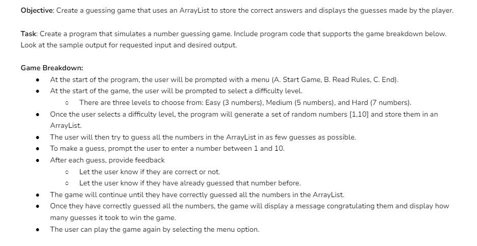 Solved Objective: Create a guessing game that uses an | Chegg.com