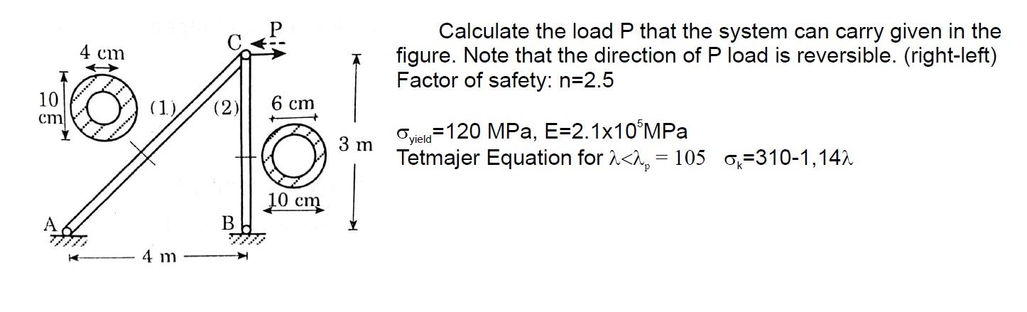 Calculate the load \( P \) that the system can carry given in the figure. Note that the direction of \( P \) load is reversib