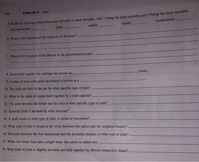 Solved 158 EXERCISE 10 Joints following joints from least | Chegg.com