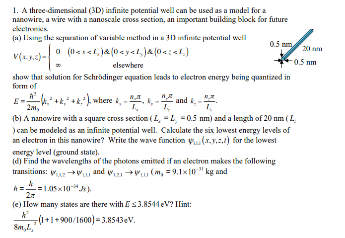 Solved 1. A three-dimensional (3D) infinite potential well | Chegg.com