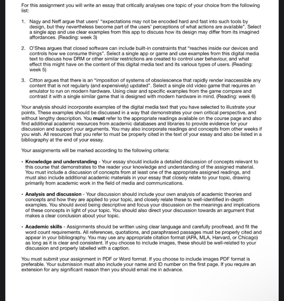 For this assignment you will write an essay that  Chegg.com