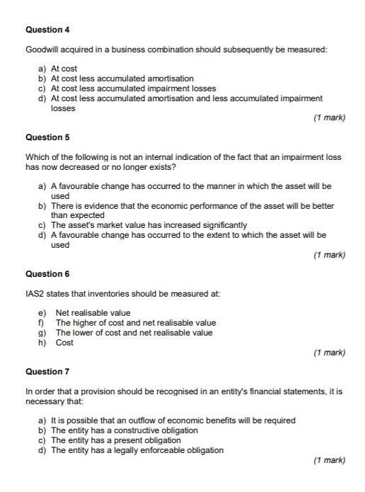 Solved Question 4 Goodwill acquired in a business | Chegg.com